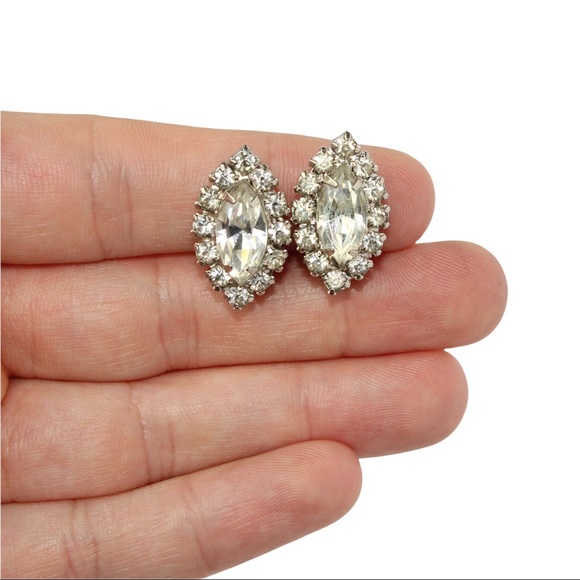Vintage Marquise Rhinestone Halo Clip On Earrings Silver Tone Large Estate - Picture 4 of 4